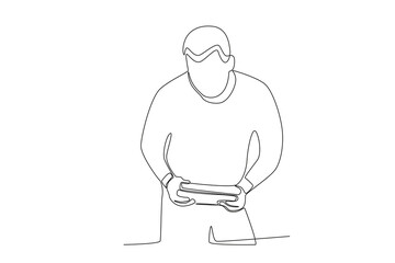 One continuous line drawing of a customer is checking the book he wants to borrow
