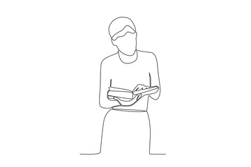 One continuous line drawing of a customer is viewing the book he wants to borrow
