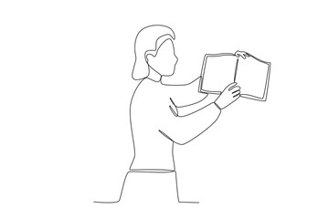 One continuous line drawing of a female librarian is explaining the contents of the book
