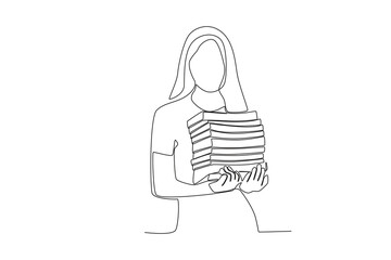 One continuous line drawing of a female librarian carrying a stack of books
