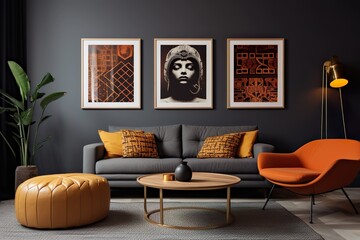 Modern simple black living room interior and 3 frames