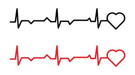 Red,black heartbeat line icons on white background, pulse rate monitor, vector illustration.