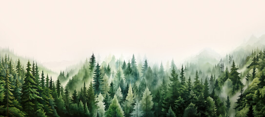 Watercolor painting of green coniferous trees, cloud forest in Alps, mountains, expandable banner, bottom image, background, generative ai