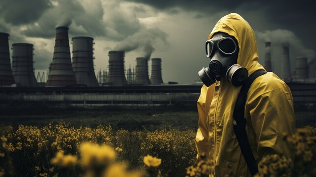 Person in a yellow hazmat suit and gas mask standing in front of a nuclear power plant, Generative AI