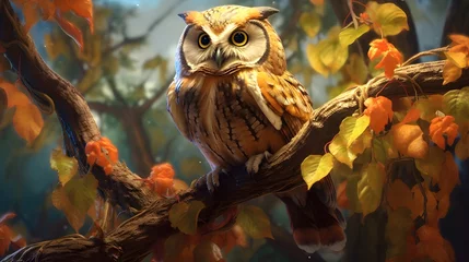 Rolgordijnen 3D illustration of an owl sitting on a branch Generative AI, AI Generated © therealnodeshaper