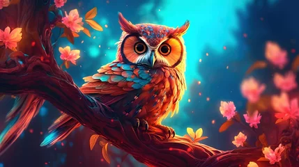Photo sur Plexiglas Dessins animés de hibou illustration of owl sitting on branch in the autumn forest Generative AI, AI Generated