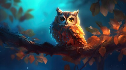 3D illustration of an owl sitting on a branch Generative AI, AI Generated