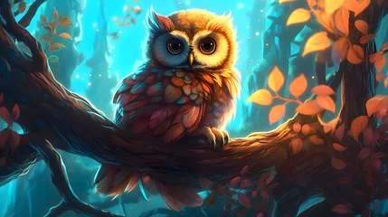 Photo sur Plexiglas Dessins animés de hibou 3D illustration of an owl sitting on a branch Generative AI, AI Generated