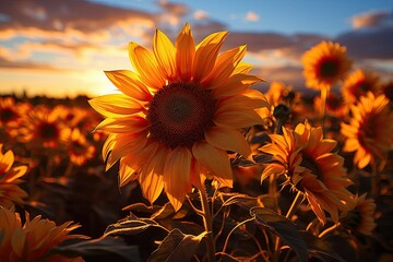 Unveil the extraordinary elegance of a single sunflower amidst a field of its peers, its petals an artist's palette of stunning shades, embodying both the harmony and individuality that nature so beau