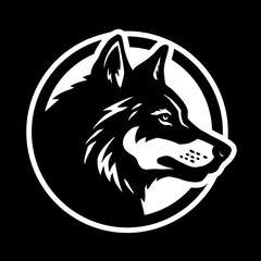 Wolf silhouette, round shape logo on a dark background. Vector illustration.