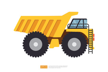 yellow mining dump truck tipper vector illustration on white background. Isolated big heavy machinery equipment vehicle. flat cartoon construction and mining car icon