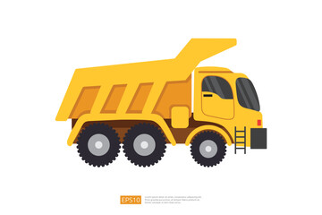 yellow dump truck tipper vector illustration on white background. Isolated heavy industrial machinery equipment vehicle. flat cartoon construction and mining car icon