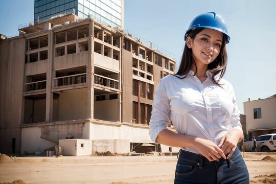 An illustration of a female architect on a construction site in the daytime