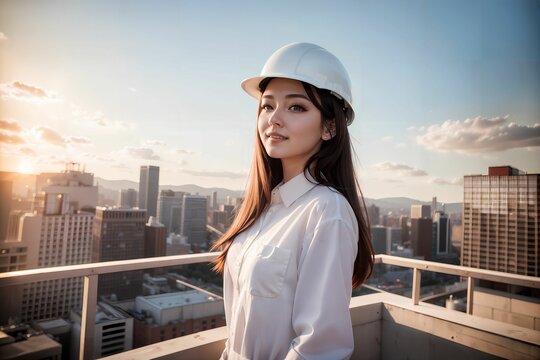 An illustration of a female architect on a construction site in the daytime