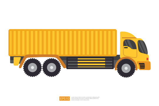 yellow semi-trailer dump truck illustration on white background. Isolated delivery lift car. commercial vehicle flat vector