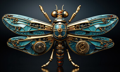 Beautiful mechanical dragonfly, steampunk animal, 3d illustration. - obrazy, fototapety, plakaty