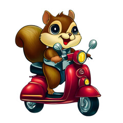 Cute chipmunk riding a scooter cartoon illustration art with transparent background generative AI.