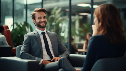 A business man wearing a suit and smiling brightly while talking to a client