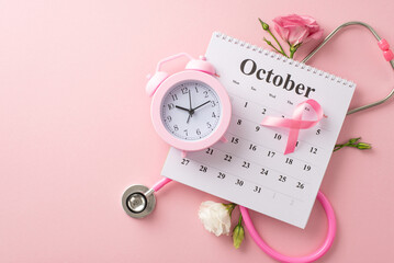 Educate and advocate during International Breast Cancer Awareness Month. Top view photo of...