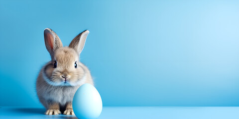 Easter bunny with egg on blue background 