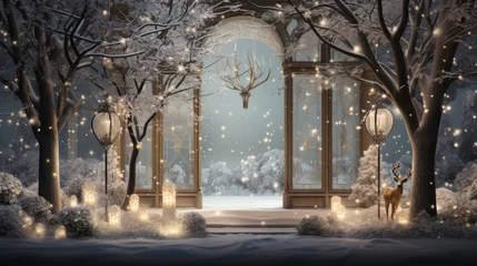 Fotobehang the enchanting beauty of a snow-covered garden adorned with glimmering holiday decorations, such as sparkling snowflake ornaments, and fairy lights wrapped around trees © PinkiePie