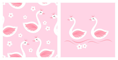 Seamless pattern with cute swan cartoons and white flower on pink background vector illustration. © Thanawat