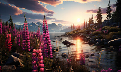 Natural landscape, lupine flowers against the backdrop of mountains.