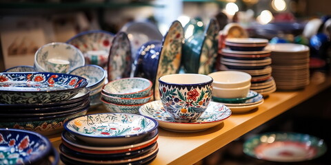 colored ceramic hand factory tableware on the counter in the store - obrazy, fototapety, plakaty
