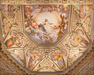 Tuinposter GENOVA, ITALY - MARCH 6, 2023: The ceiling fresco of Jesus as the Judge amng the angels and symbols of Crucifixion in the church Chiesa di Santa Caterina by Giovan Battista Castello (1509 - 1569). © Renáta Sedmáková
