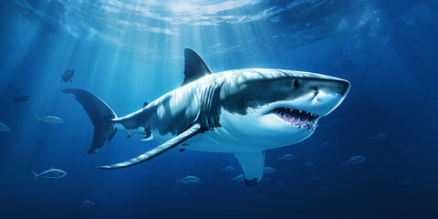 white shark swimming in the deep blue ocean