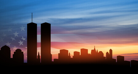New York skyline silhouette and USA flag at sunset. 09.11.2001 American Patriot Day banner. - obrazy, fototapety, plakaty