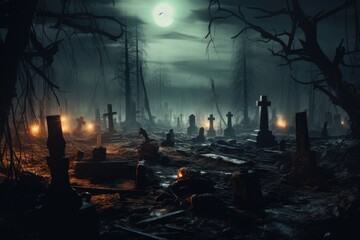 A haunting cemetery illuminated by the light of a full moon