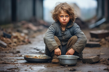 Poor homeless kid begging for help and food. 