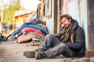 Homeless man is sleeping in the street