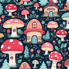 Kawaii mushroom house pattern