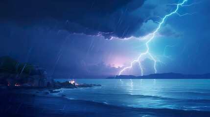 Landscape of sunset on the sea. Storm, rain and lightning. Generated AI