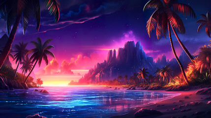 Summer seascape, sunset at sea, neon glow, AI generated
