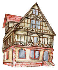 Watercolor illustration of an old wooden half-timbered country house . Hand drawn in watercolour perfect for wedding invitation, greetings card, posters.