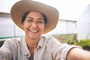 Farming, plants and selfie of happy woman in greenhouse, pride in sustainable small business and...