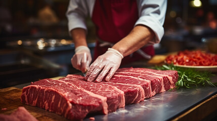 Butcher holds raw meat. Generative Ai