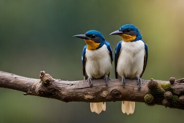 Two wire-tailed swallows perched on a thick bare branch