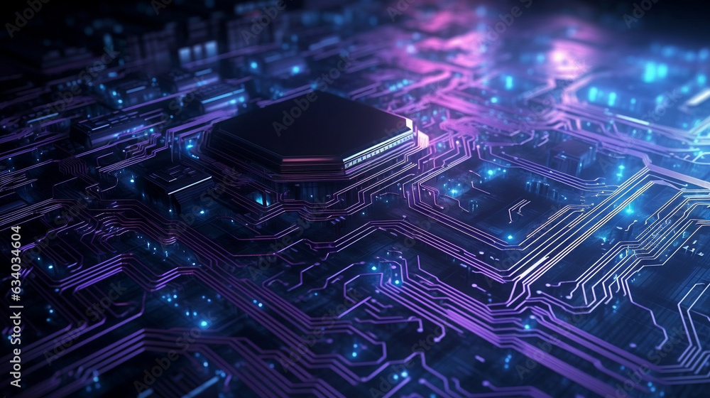Aufkleber digital circuit board microprocessor motherboard computer hardware in neon purple glowing light, ser