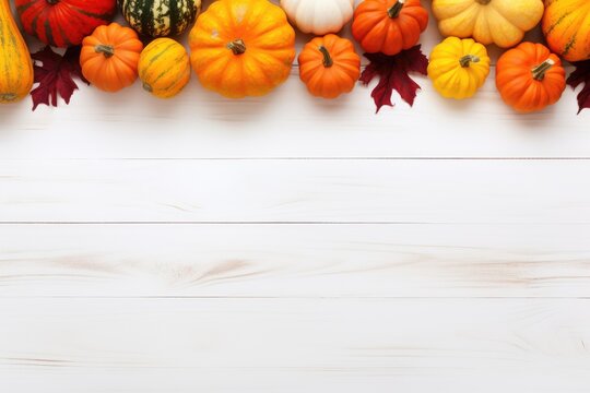 A festive fall display with a variety of pumpkins on a rustic wooden table
