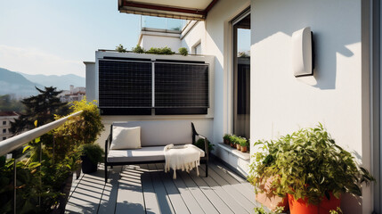 Solar water heater on residential balcony. Cozy balcony setup with outdoor furniture, potted plants. Solar energy integrated into everyday life. Conscious use of resources. Banner. Generative Ai - obrazy, fototapety, plakaty