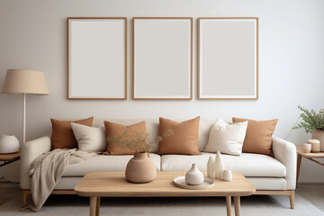Three empty vertical picture frames in a modern living room with white sofa and beige pillows. Wall art mockup. - obrazy, fototapety, plakaty