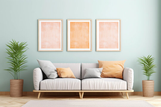 Three vertical picture frames with orange textured art in a modern living room with white sofa, pillows and plants. Pastel green wall art mockup.
