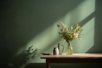 Green wall copy space with shadows, vase with flowers on table. Wall scene mockup product for showcase, Promotion background.