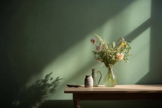 Green wall copy space with shadows, vase with flowers on table. Wall scene mockup product for showcase, Promotion background.