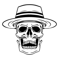 black and white Illustration Of Skull Wearing Strawhat In Vintage Logo Style 