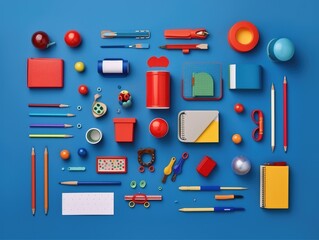 Overhead of assorted school supplies against a blue background